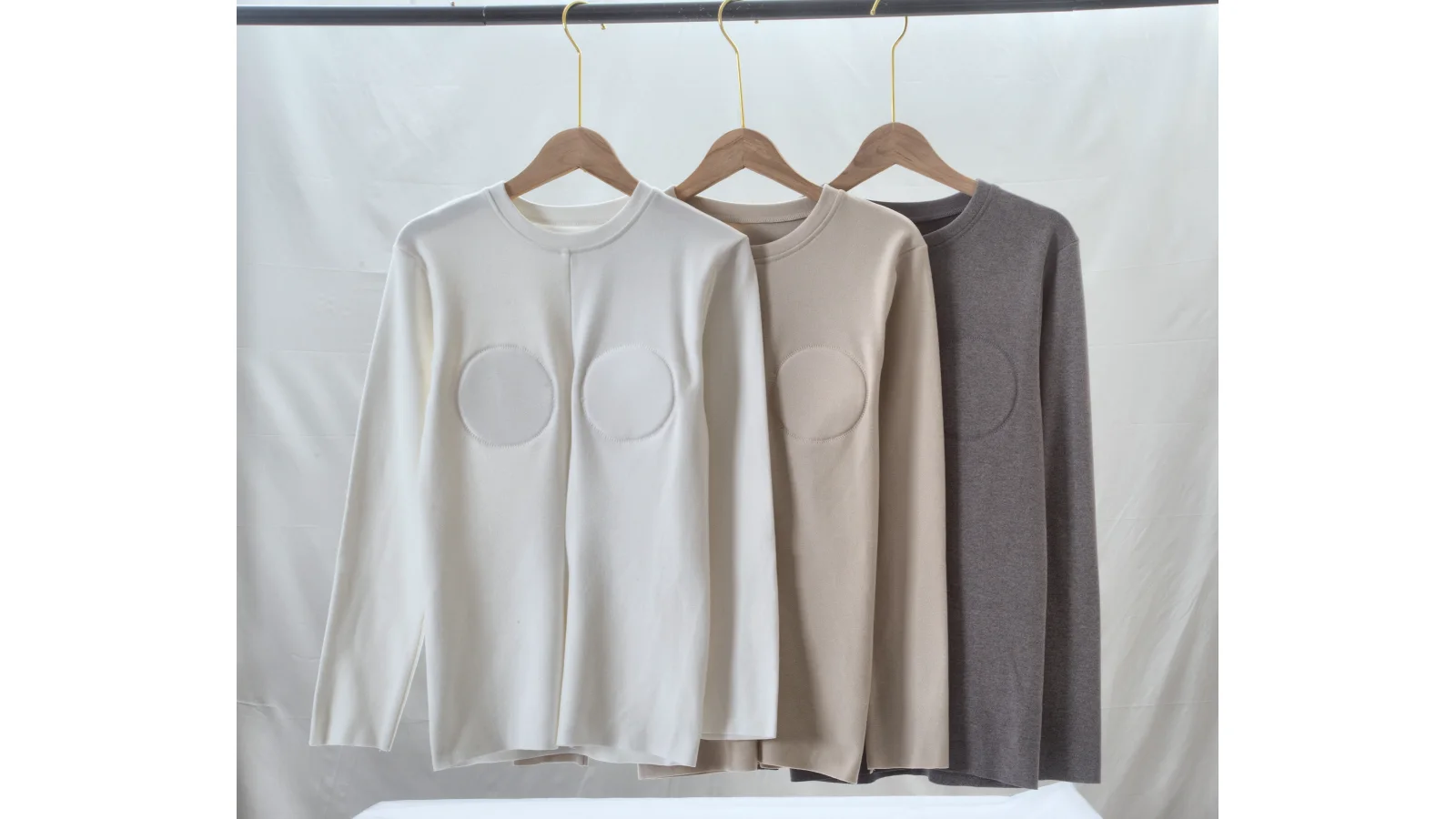 Ribbed long-sleeve base layer tops in white, ivory and grey